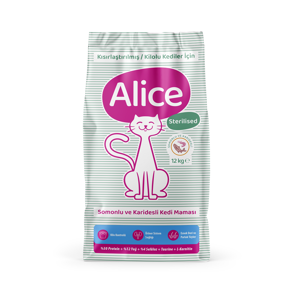 12karsi-site Alice Super Premium Kısırlaştırılmış Kedi Maması Somonlu Karidesli 12 kg - Görsel 1