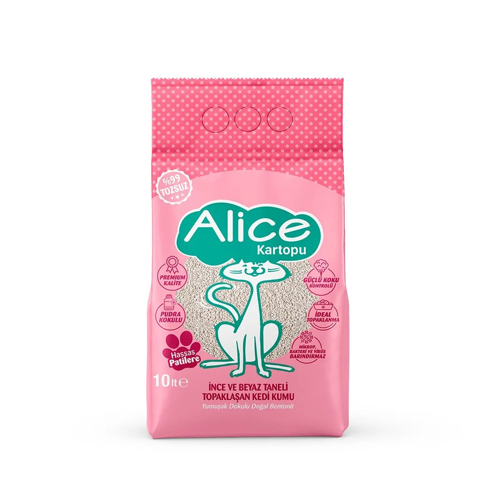 Alice Kartopu İnce ve Beyaz Taneli Topaklaşan Pudra Kokulu Kedi Kumu Alice Kartopu İnce ve Beyaz Taneli Topaklaşan Pudra Kokulu Kedi Kumu