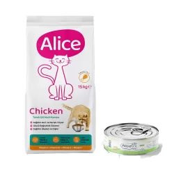 Alice Chicken Tavuk Etli Kedi Maması 15 Kg ve Alice Tavuklu Tahılsız Yaş Mama