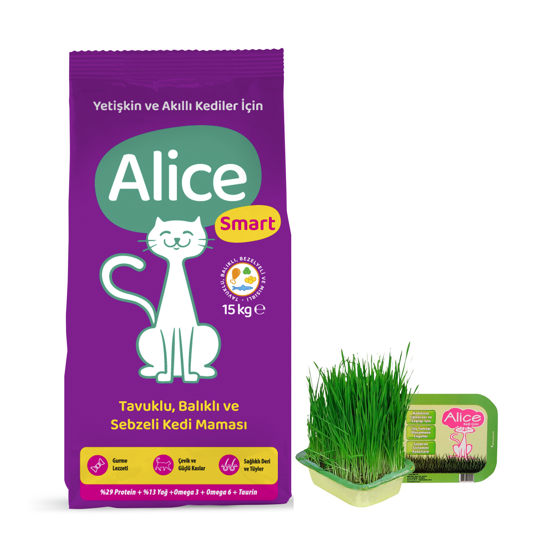 smr15cw Alice Smart Kedi Maması 15 Kg + Çim - Görsel 1
