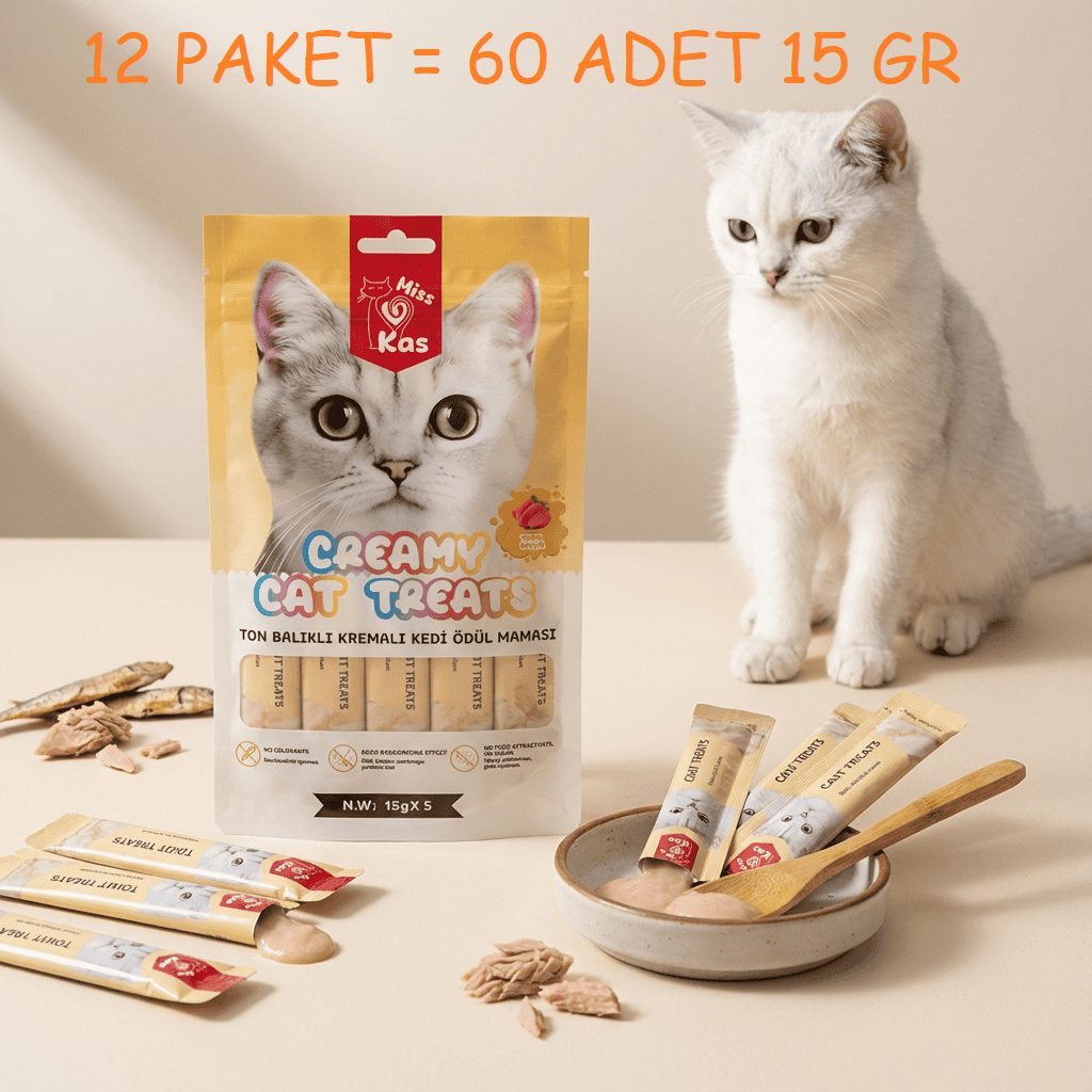 Miss-Kas-Ton-60 Miss Kas Ton Balıklı Deniz Taraklı Kremalı Kedi Ödül Maması 15g x 60 Adet - Görsel 1