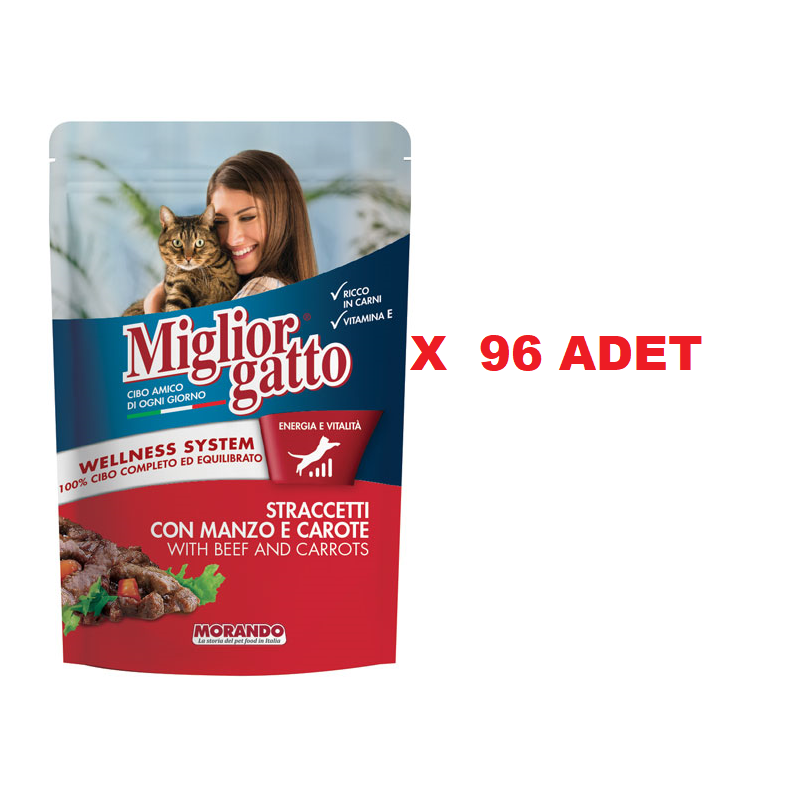 96BFTKEDİPOUC MigliorGatto Biftek & Havuç Parçalı Pouch 100Gr. 96 ADET (GEL-AL ÜRÜNÜDÜR, KARGOLANMAZ!) - Görsel 1