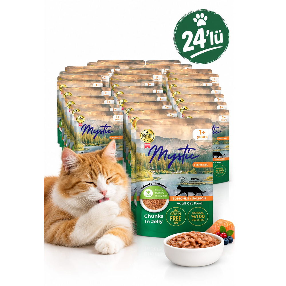 mystckısırsomonsite Mystic Super Premium Kısırlaştırılmış Tahılsız Pouch Kedi Maması Somonlu 24 x 85 Gr - Görsel 1